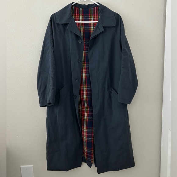 Vintage Trench Coat Navy Blue Plaid Fleece Lined Made in France Womens M? Preppy - Picture 2 of 12